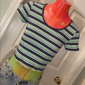 SO Striped Blue and Yellow Ribbed Crop Top